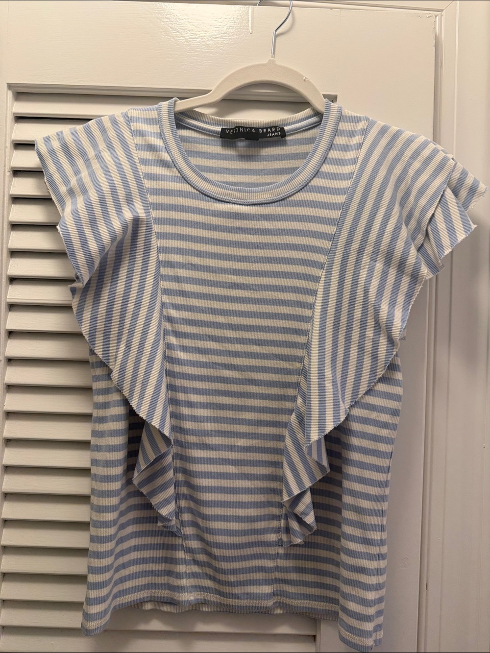 Veronica Beard Blue & Cream Striped Ruffle Sleeve Tee